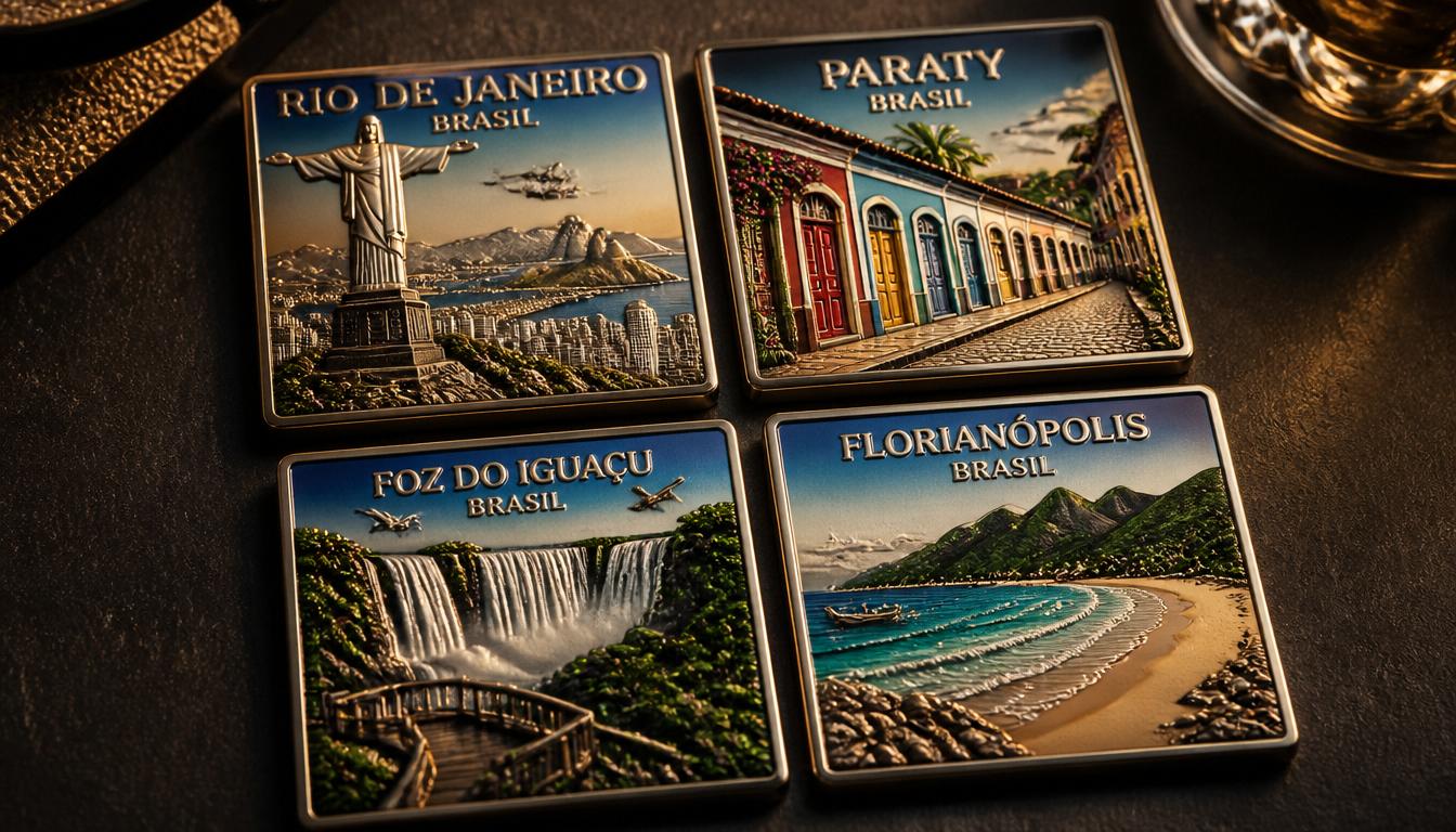 Ímãs metalizados premium com destinos turísticos brasileiros